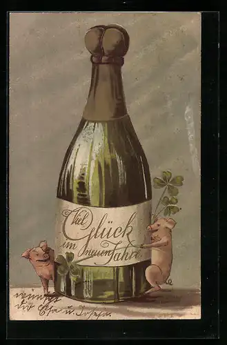 Künstler-AK Sektflasche mit Glücksschweinen, vermenschlichte Tiere