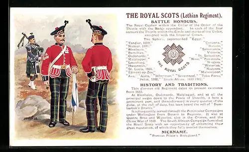 Künstler-AK The Royal Scots, Lothian Regiment, britische Soldaten in Uniform, Battle Honours