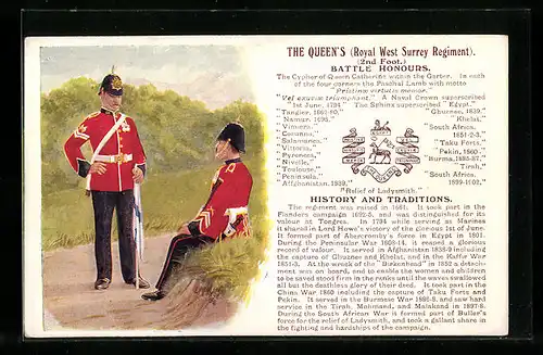 Künstler-AK The Queen`s Royal West Surrey Regiment, 2nd Foot, britische Soldaten in Uniform