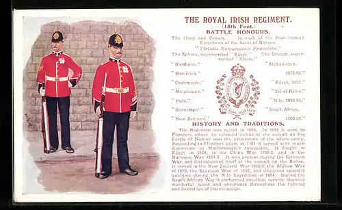 Künstler-AK The Royal Irish Regiment, Battle Honours, Britische Soldaten in Uniformen mit Gewehr