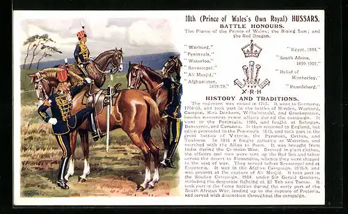 Künstler-AK 10th Prince of Wales`s Own Royal Hussars, Regiment, Uniformen
