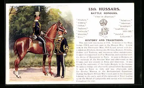 Künstler-AK 13th Hussars, Regiment, Uniformen, Battle Honours