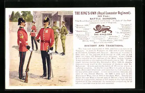 Künstler-AK The King`s Own Royal Lancaster Regiment, 4th Foot., Battle Honours, Uniform