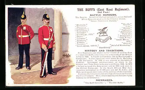 Künstler-AK The Buffs, East Kent Regiment, 3rd Foot., Uniformen, Battle Honours