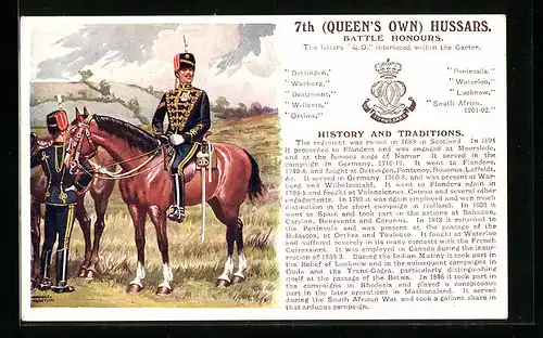 Künstler-AK 7th Queen`s Own Hussars, Battle Honours, Uniformen
