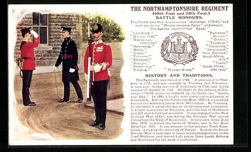 Künstler-AK The Northamptonshire Regiment, 48th Foot and 58th Foot., Battle Honours, britische Soldaten in Uniform