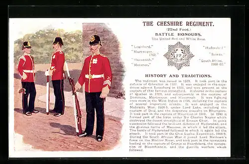 Künstler-AK The Cheshire Regiment 22nd Foot., Battle Honours, The United Red and White Rose, Britische Uniformen