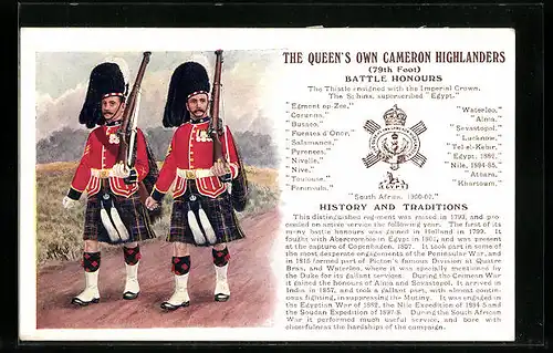 Künstler-AK The Queen`s Own Cameron Highlanders, 79th Foot., Battle Honours, Uniformen