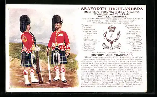 Künstler-AK Seaforth Highlanders, Ross-shire Buffs, The Duke of Albany`s, 72nd Foot and 78th Foot., Battle Honours