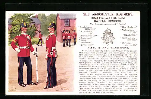 Künstler-AK The Manchester Regiment, 63rd Foot and 96th Foot., Battle Honours, Britische Soldaten in Uniformen