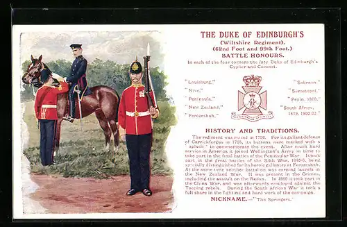Künstler-AK The Duke of Edinburgh`s, Wiltshire Regiment, 62nd Foot and 99th Foot., Battle Honours, britische Uniformen