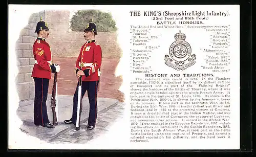 Künstler-AK The King`s Shropshire Light Infantry, 53rd Foot and 85th Foot., Battle Honours, Britische Uniformen