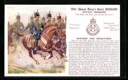 Künstler-AK 18th Queen Mary`s Own Hussars, Battle Honours, britische Uniformen