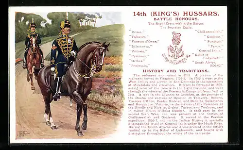 Künstler-AK 14th King`s Hussars, Uniformen, Battle Honours, britische Reiter in Uniform
