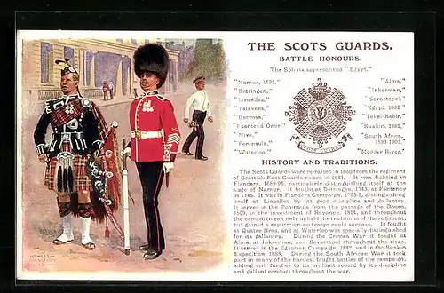 Künstler-AK The Scots Guards, Battle Honours, britische Soldaten in Galauniformen