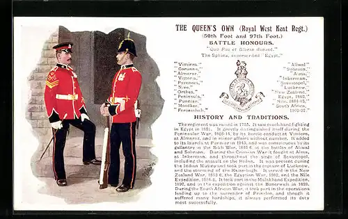 Künstler-AK The Queen`s Own Royal West Kent Regiment, 50th Foot and 97th Foot, Uniformen, Battle Honours