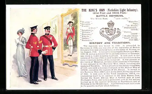 Künstler-AK The King`s Own Yorkshire Light Infantry, 51st Foot and 105th Foot, Battle Honours, britische Soldaten