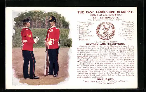 Künstler-AK The East Lancashire Regiment, 30th Foot and 59 Foot, Battle Honours, britische Soldaten in Uniform