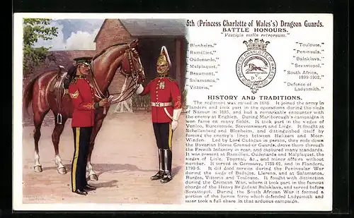 Künstler-AK 5th Princess Charlotte of Wales`s Dragoon Guards, Battle Honours, Britische Soldaten in Uniformen