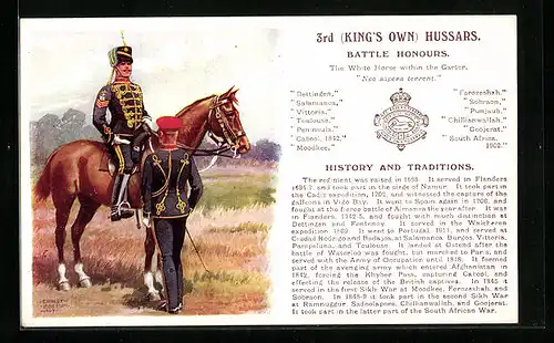 Künstler-AK 3rd King`s Own Hussars, Battle Honours, britische Husaren in Uniform