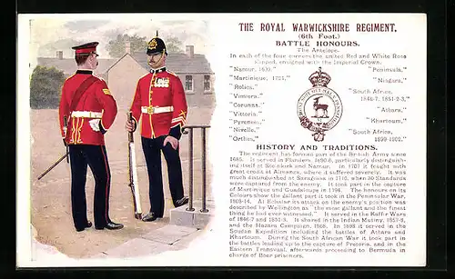 Künstler-AK The Royal Warwickshire Regiment, 6th Foot., Battle Honours, britische Soldaten in Uniform