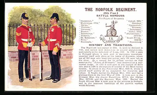Künstler-AK The Norfolk Regiment 9th Foot., britische Soldaten in Uniformen, Battle Honours