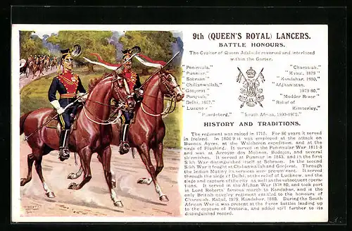 Künstler-AK 9th Queen`s Royal Lancers, Battle Honours, Britische Reiter in Uniform