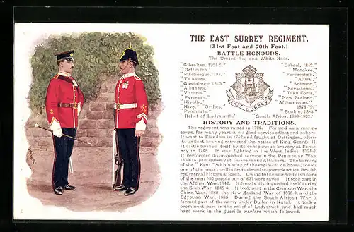 Künstler-AK The East Surrey Regiment, 31st Foot and 70th Foot., Battle Honours, Britische Soldaten in Uniform