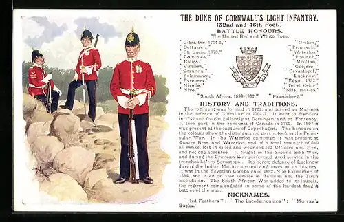 Künstler-AK The Duke of Cornwall`s Light Infantry, 32nd and 46th Foot., Battle Honours, britische Soldaten in Uniform