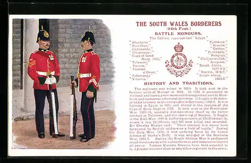 Künstler-AK The South Wales Borderers, 24th Foot. Regiment, Battle Honours, britische Soldaten in Uniform
