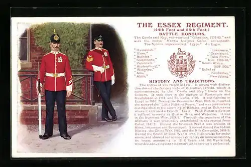 Künstler-AK The Essex Regiment, 44th Foot and 56th Foot., Battle Honours, britische Soldaten in Uniform