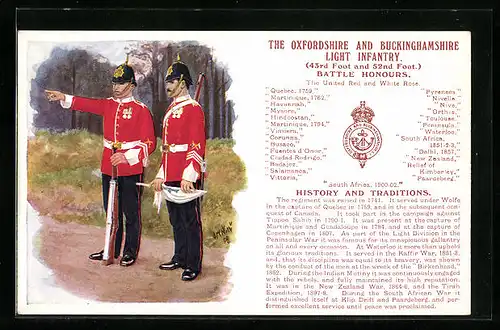 Künstler-AK The Oxfordshire and Buckinghamshire Light Infantry, 43rd Foot and 52nd Foot., Battle Honours, Regiment