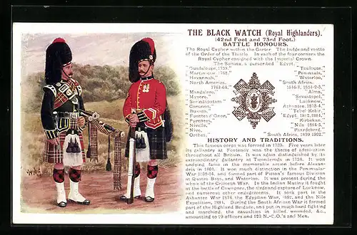 Künstler-AK The Black Watch Royal Highlanders, 42nd Foot and 73rd Foot., Battle Honours, britische Soldaten in Uniform
