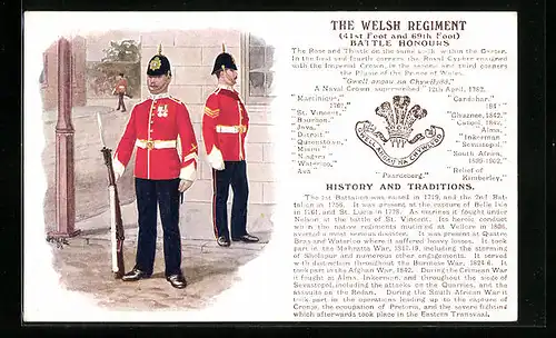 Künstler-AK The Welsh Regiment, 41st Foot and 69th Foot., Battle Honours, britische Soldaten in Uniform