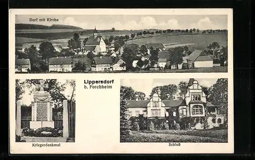 AK Lippersdorf b. Forchheim, Dorf mit Kirche, Kriegerdenkmal, Schloss