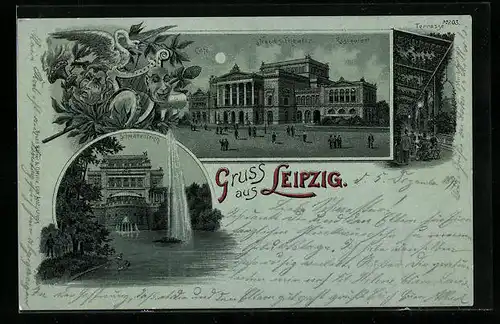 Mondschein-Lithographie Leipzig, Neues Theater mit Café und Restaurant, Terrasse, Schwanenteich
