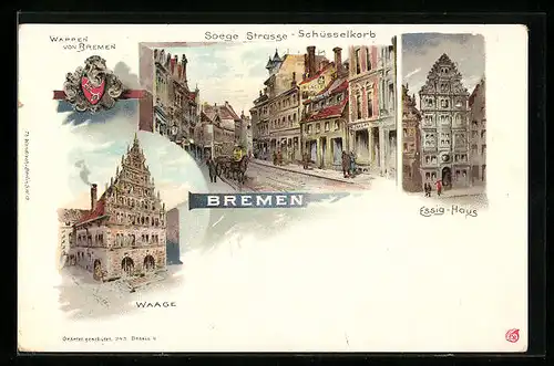 Lithographie Bremen, Ortsansicht mit Essig-Haus, Waage und Schüsselkorb