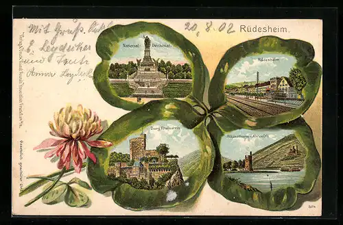 Passepartout-Lithographie Rüdesheim, Ansichten auf Kleeblatt, Nationaldenkmal, Mäusethurm