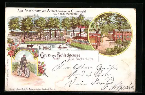 Lithographie Berlin-Schlachtensee, Alte Fischerhütte am Schlachtensee und Grunewald