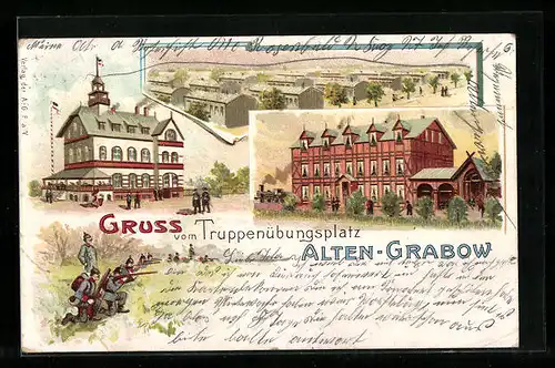 Lithographie Alten-Grabow, Truppenübungsplatz, Baracken, Lazarett
