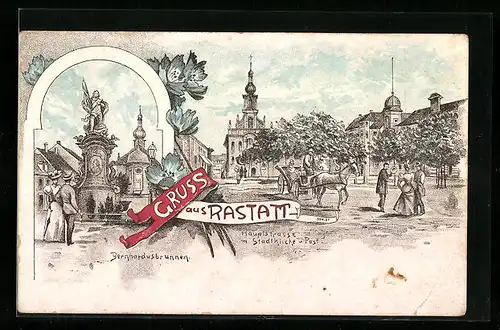 Lithographie Rastatt, Bernhardusbrunnen, Hauptstrasse mit Stadtkirche und Post