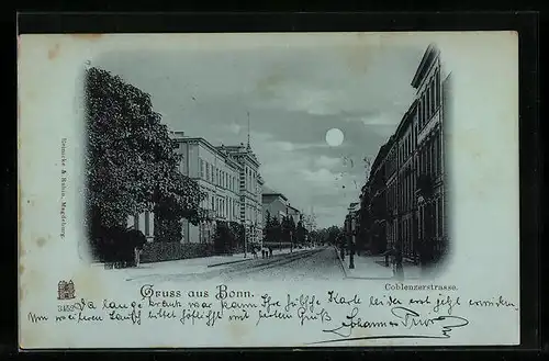 Mondschein-AK Bonn, Blick in die Coblenzerstrasse
