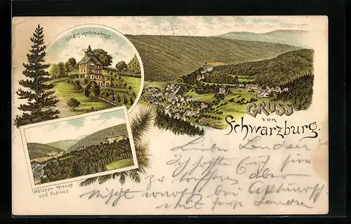 Vorläufer-Lithographie Schwarzburg, 1894, Ortsansicht, Villa, Hotel Weisser Hirsch und Schloss