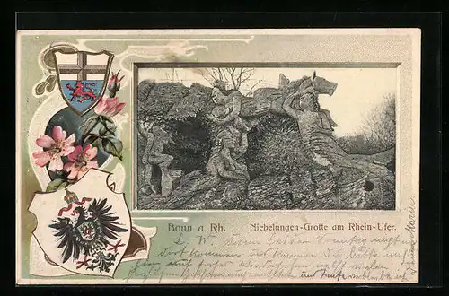 Präge-AK Bonn a. Rh., Niebelungen-Grotte am Rhein-Ufer, Wappen