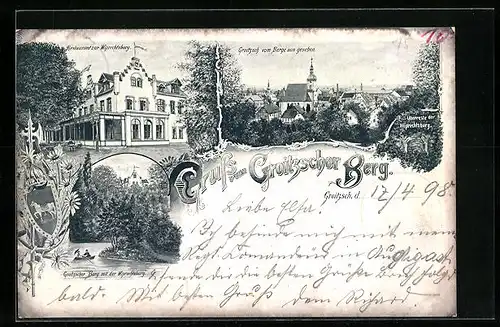 Lithographie Groitzsch, Restaurant zur Wiprechtsburg, Ortsansicht vom Berg aus