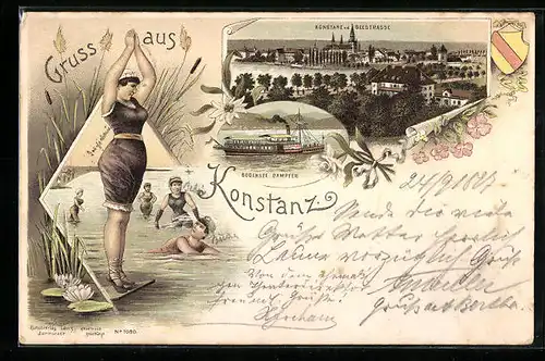 Lithographie Konstanz, Ortsansicht v. d. Seestrasse, Bodensee Dampfer, Frau im Badeanzug