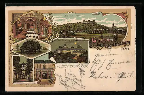Lithographie Augustusburg /Erzgeb., Totalansicht, Schloss-Linde, Schloss