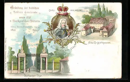 Lithographie Karlsruhe, Durlach Thor, Altes Gr. Hoftheater, Carl Wilhelm