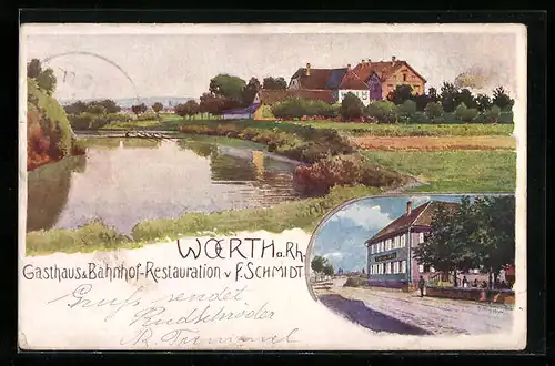 Lithographie Wörth a. Rh., Ortspartie, Gasthaus & Bahnhof-Restauration v. F. Schmidt