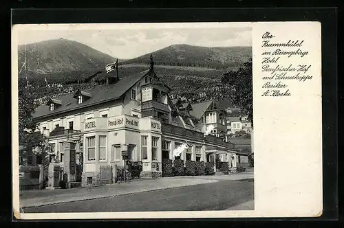 AK Ober-Krummhübel /Riesengebirge, Hotel Preussischer Hof mit Schneekoppe